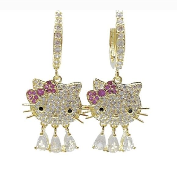 Hello Kitty Gold Dangle Rhinestone Earrings - Picture 1 of 5